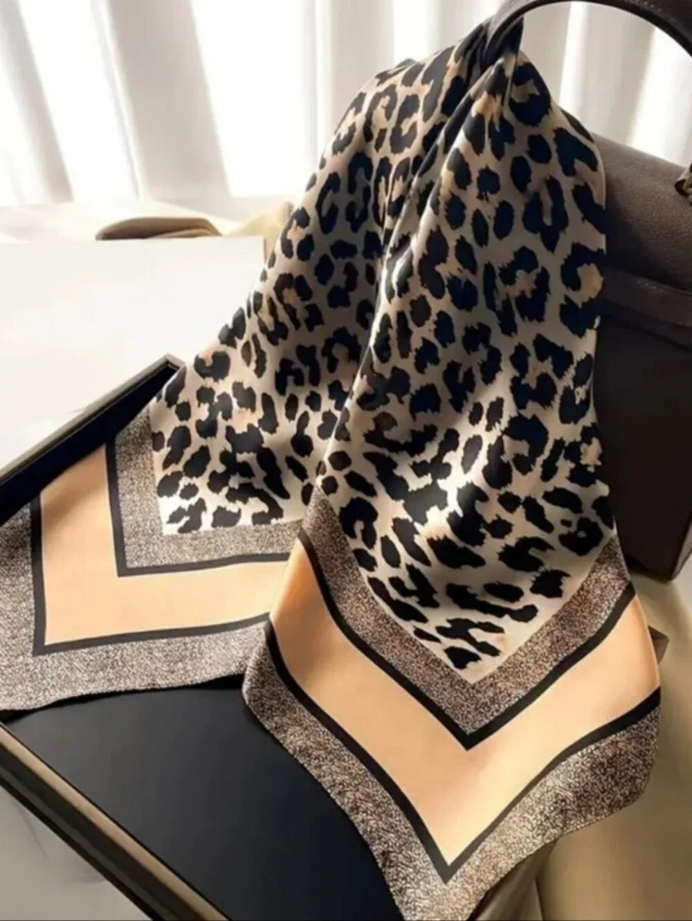 Leopard Print Silk-Feel Square Scarf in Tan and Black